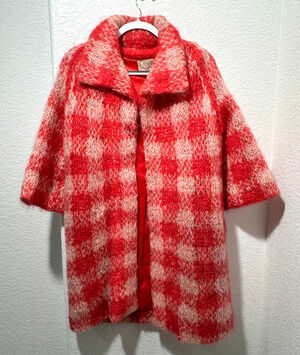 Stunning Vtg Mohair Fuzzy Wool Swing Coat Jacket Pink Plaid 60s Hand Tailored M
